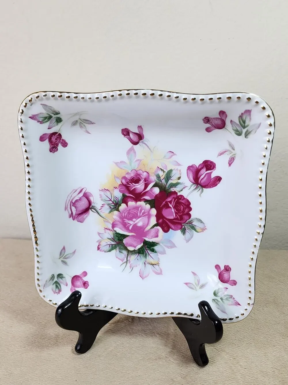 Square Bowl Floral Design Pink Roses 8 1/4